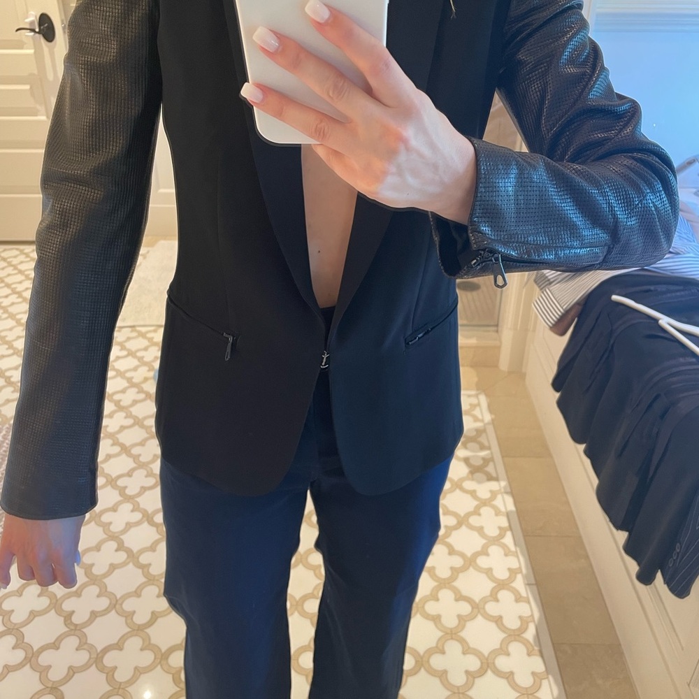 rag & bone Black Blazer with Textured Leather Sleeves